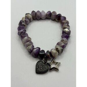 Chunky Purple Amethyst Gemstone Bead Bracelet with Heart & Star Charms Stretch